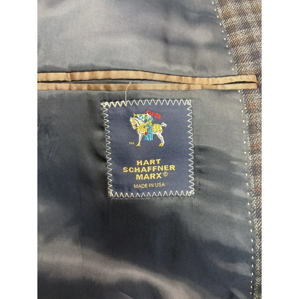 Mens Hart Schaffner Marx Sport Coat Jacket Size 48L Plaid Blue Brown USA Made
